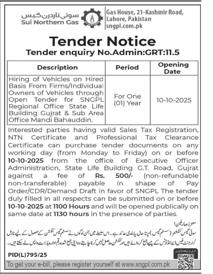 Sui Northern Gas Company Limited Lahore Tender Notice